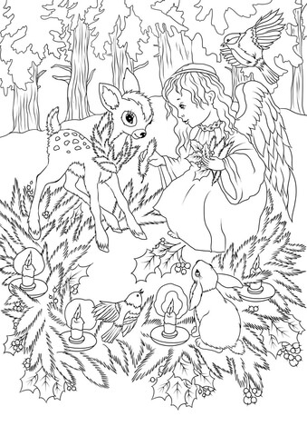 Christmas Angel With Animals Coloring Page