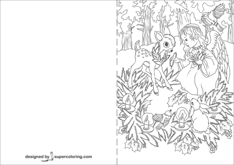 Christmas Angel with Animals Card Coloring Page