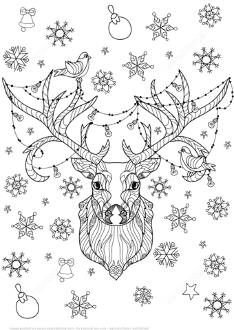 Christmas Deer With Light Bulbs Garland Zentangle Coloring Page