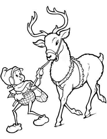 Christmas Elf And Reindeer For Kids Coloring Page