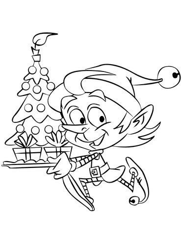 Christmas Elf Running With A Tree Image For Kids Coloring Page