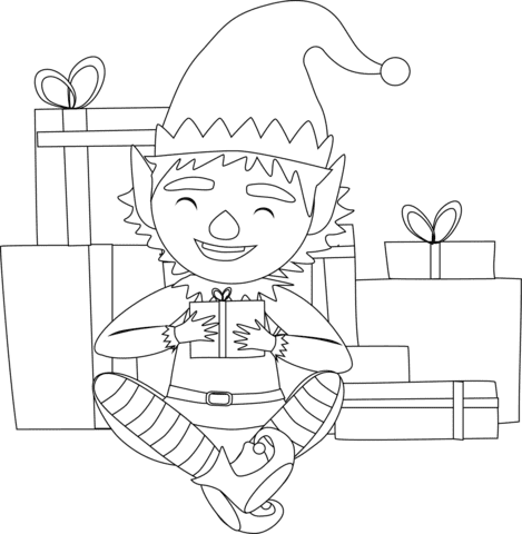 Christmas Elf With Presents Image Coloring Page