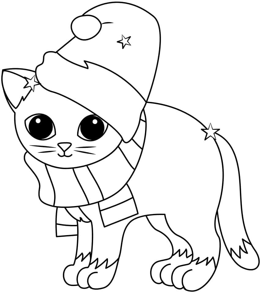 Christmas Kitten For Children Coloring Page