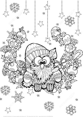 Christmas Owl Zentangle Coloring Page