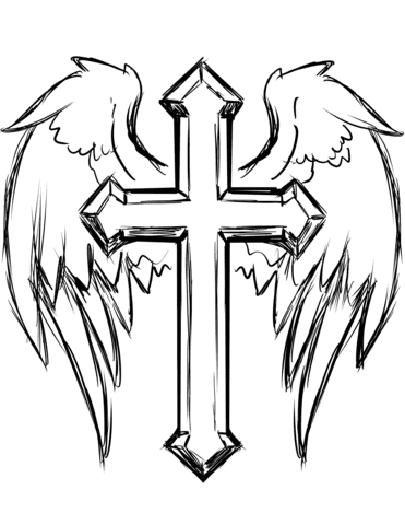 Cross With Wings For Kids Coloring Page