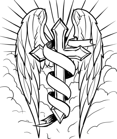 Cross With Wings In The Clouds Printable Coloring Page