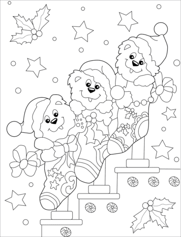 Cute Bears In Christmas Socks Printable Coloring Page