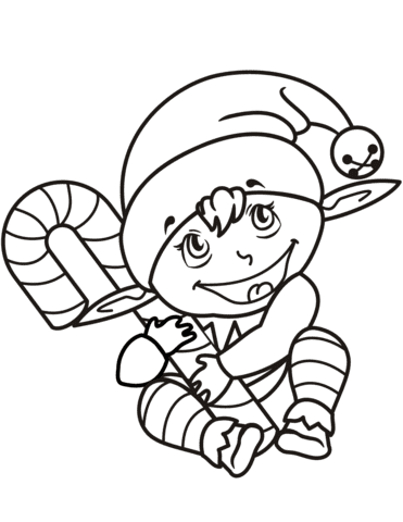 Cute Christmas Elf With Candy Cane Image For Kids Coloring Page