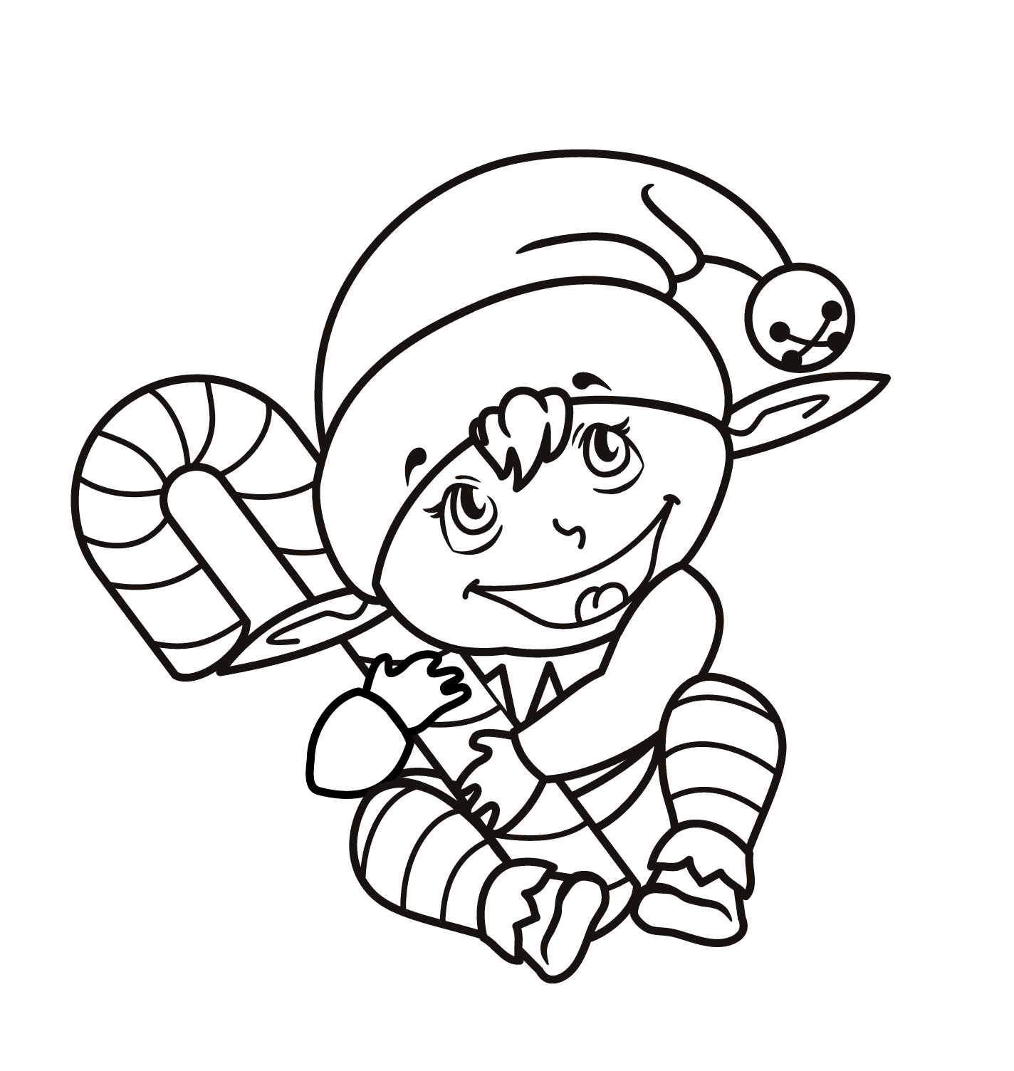 Cute Elf With Candy Cane For Kids Coloring Page
