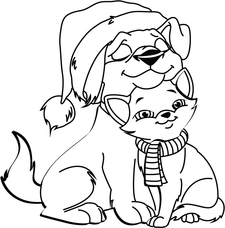 Dog And Cat On Christmas Coloring Page