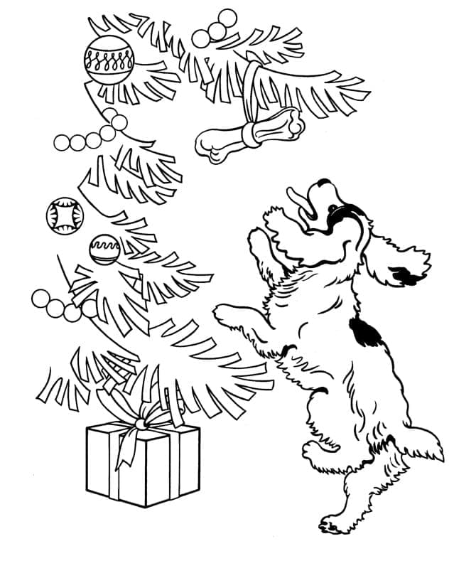 Dog And Christmas Tree Image For Kids Coloring Page