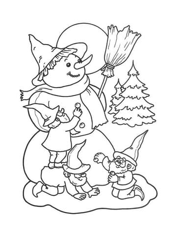Dwarfs Are Making Snowman Image For Kids Coloring Page