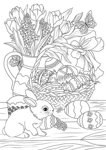 Easter Basket Decorated With Eggs For Children Coloring Page