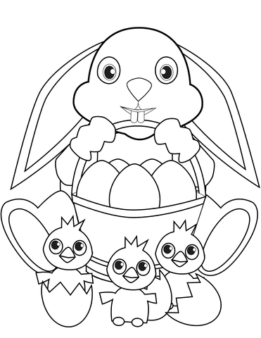 Easter Bunny With Basket And Chicks Printable Coloring Page