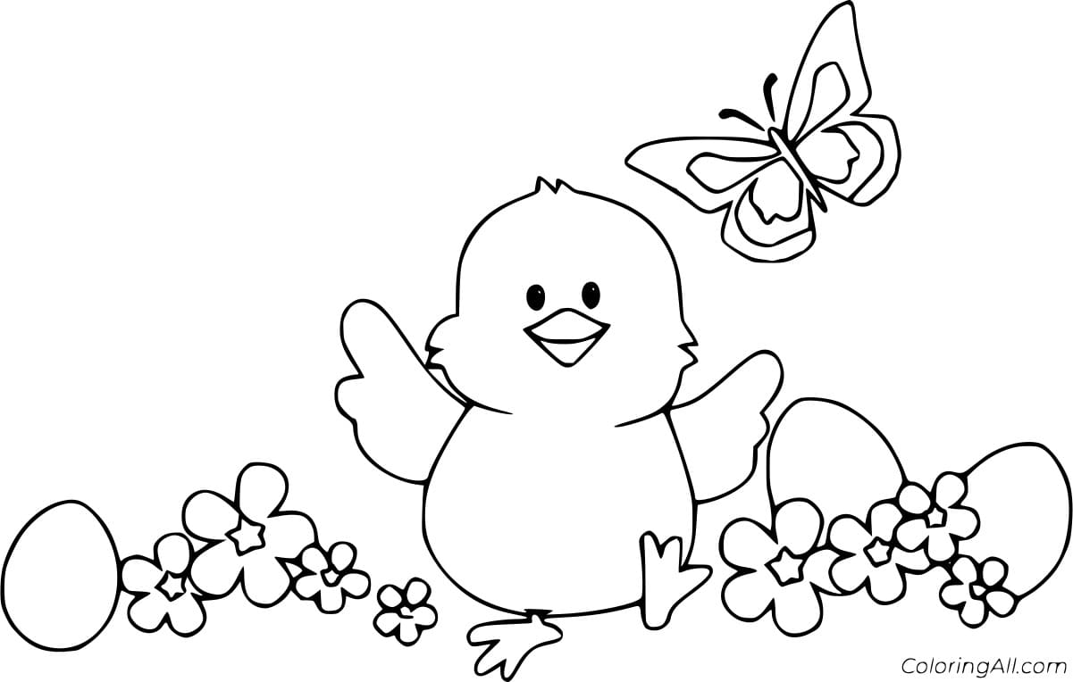 Easter Chick And A Butterfly Coloring Page