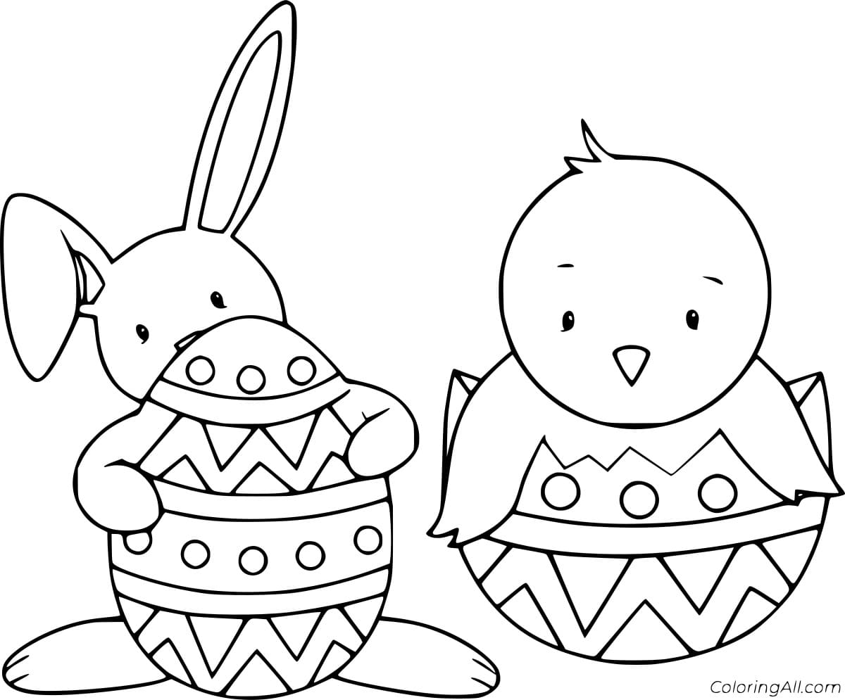 Easter Chick And Easter Bunny For Kids Coloring Page
