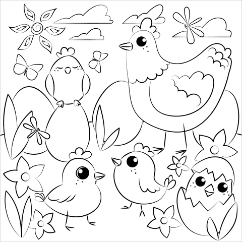 Easter Chickens For Kids Coloring Page