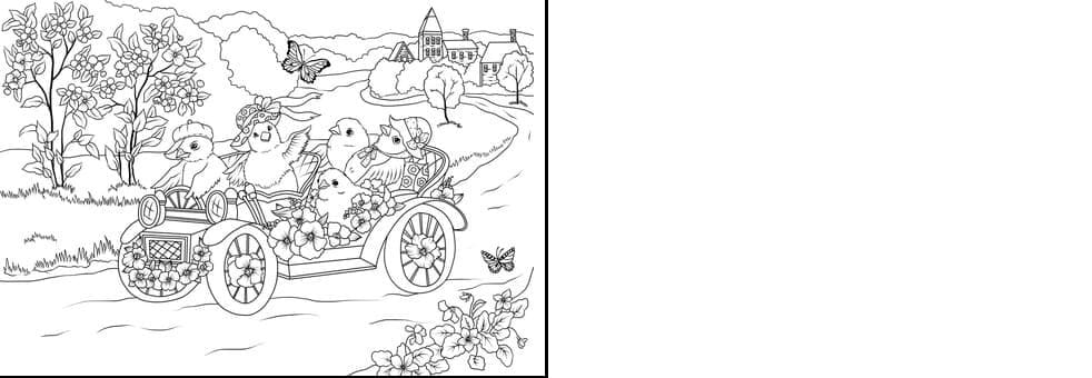 Easter Chickens In The Retro Car Are Leaving The Village Card Coloring Page
