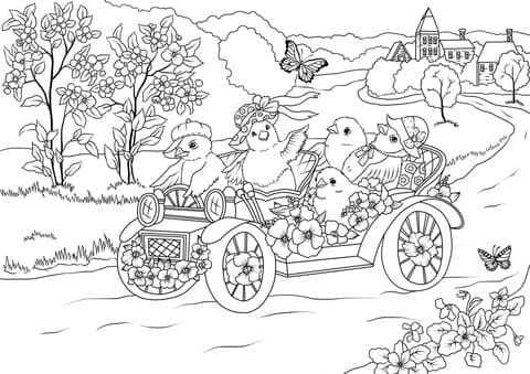 Easter Chickens In The Retro Car Are Leaving The Village For Kids Coloring Page