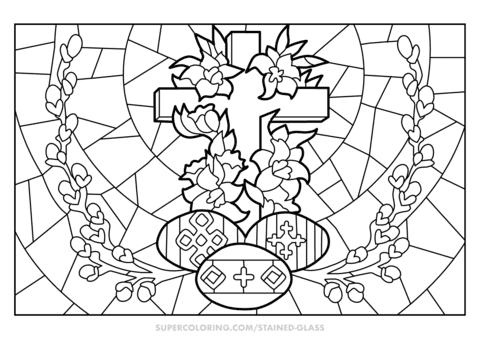 Easter Cross And Eggs Stained Glass Printable Coloring Page