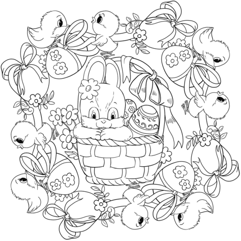 Easter Mandala With A Bush For Children Coloring Page