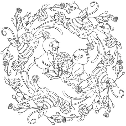 Easter Mandala With Chickens For Children Coloring Page
