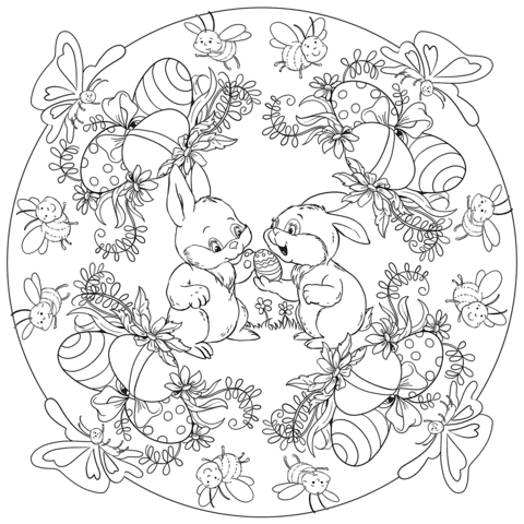 Easter Mandala With Two Rabbits And Eggs Printable
