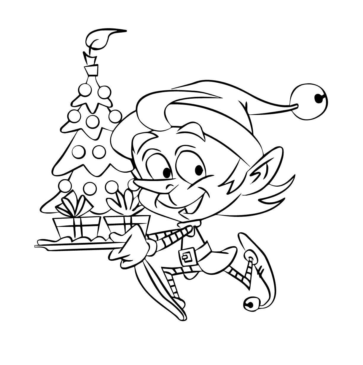 Elf Running With A Tree Printable Coloring Page