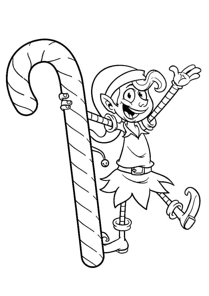 Elf With A Candy Cane Coloring Page