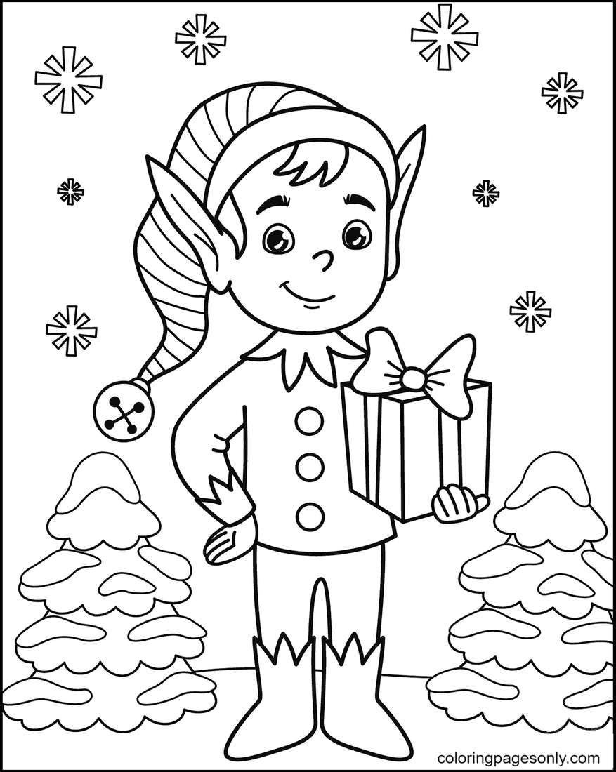 Elf With Gift Box In Hand Printable Coloring Page
