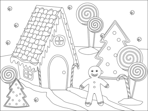 Gingerbread And Gingerbread House Coloring Page