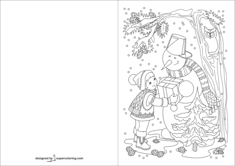 Girl Is Giving Present To A Snowman Greeting Card For Kids