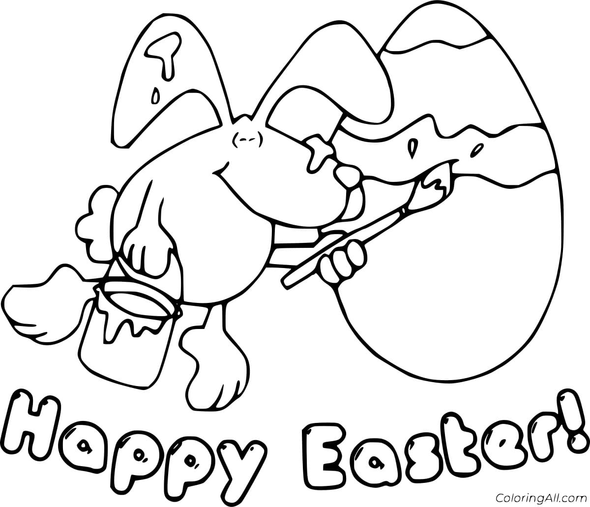 Happy Easter And The Painting Bunny For Children Coloring Page