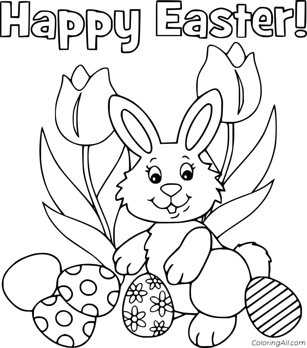 Happy Easter With Bunny And Flowers For Kids Coloring Page