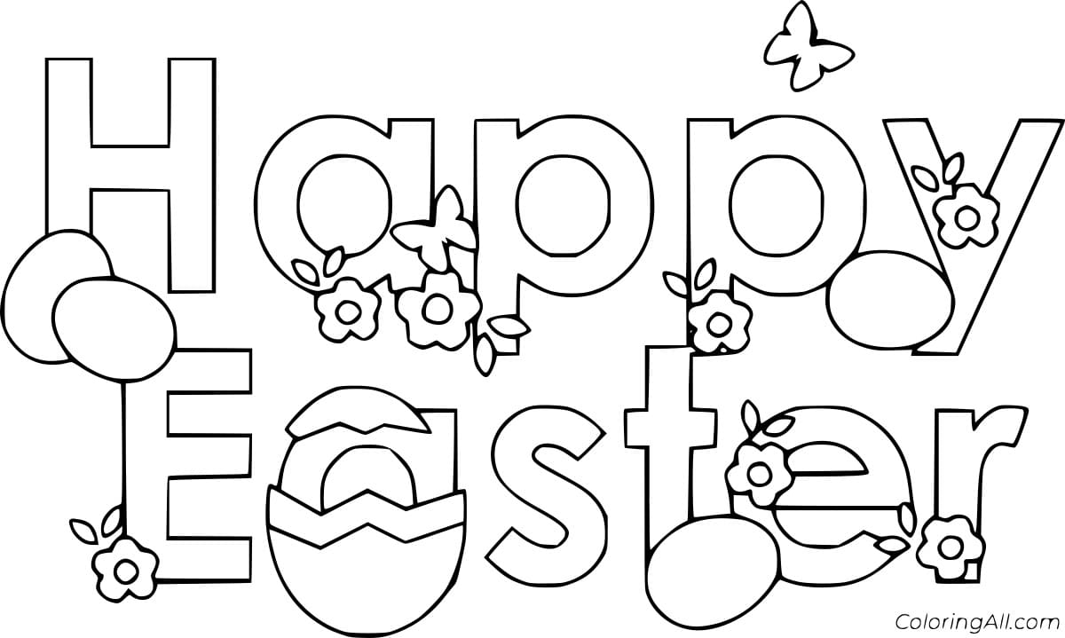 Happy Easter With Flowers Image For Kids Coloring Page