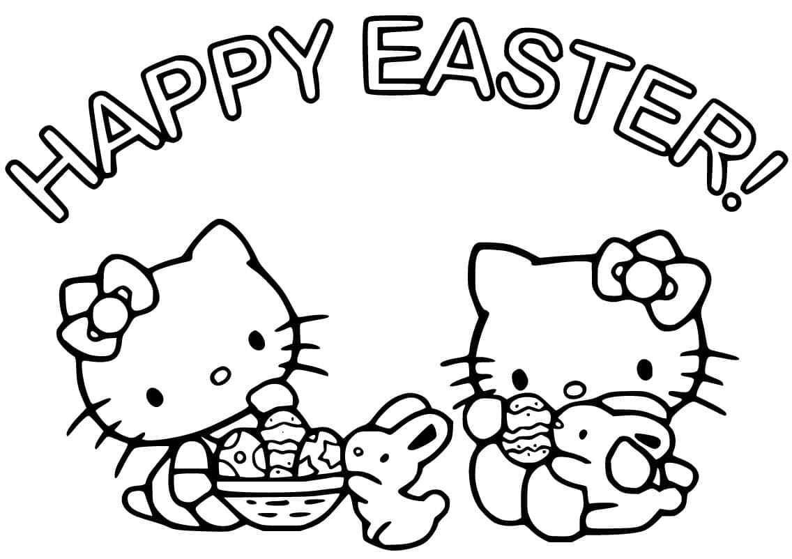Happy Easter With Hello Kitty Printable Coloring Page