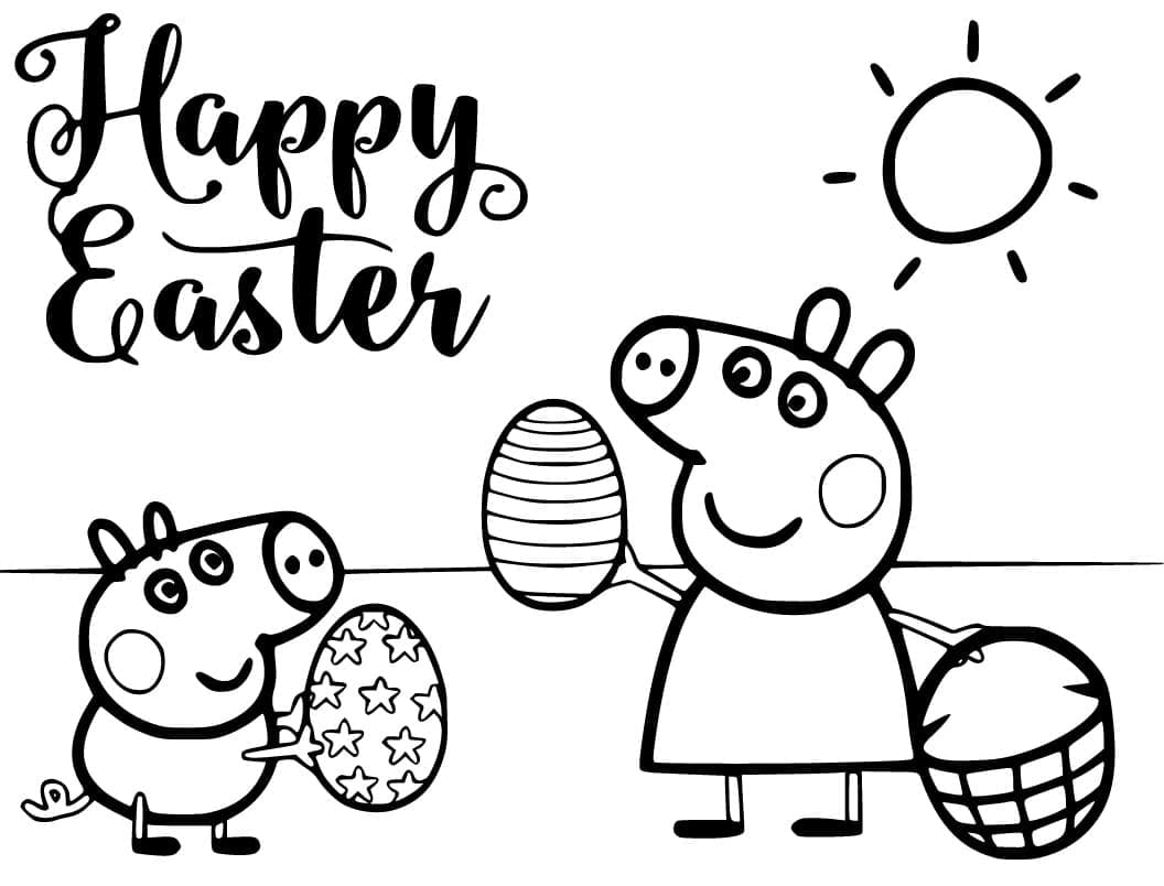 Happy Easter With Peppa Pig Cute Coloring Page