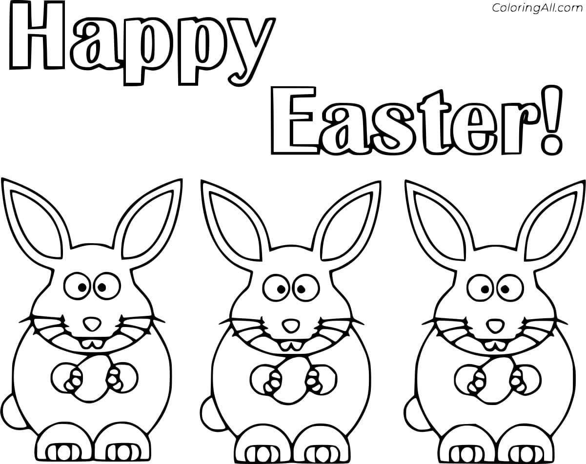 Happy Easter With Three Bunnies For Kids Coloring Page