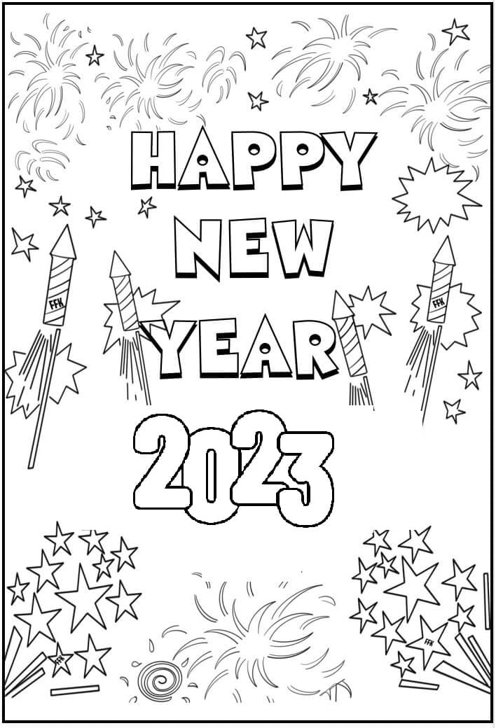 Happy New Year 2023 With Fireworks For Children Coloring Page