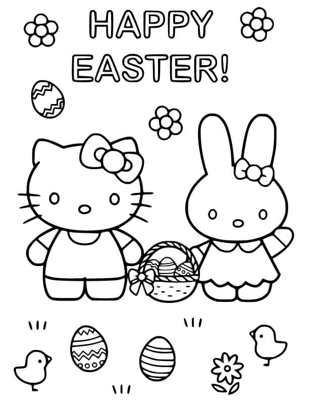Hello Kitty On Easter For Kids Coloring Page