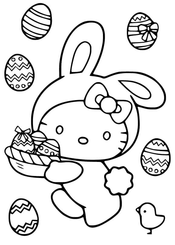 Hello Kitty with Easter Eggs Image For Children Coloring Page
