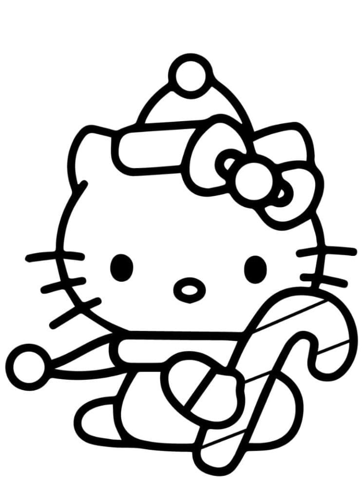 Kitty With Candy Cane For Kids Coloring Page