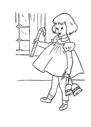 Little Girl With Candy And Christmas Bells Image For Kids Coloring Page