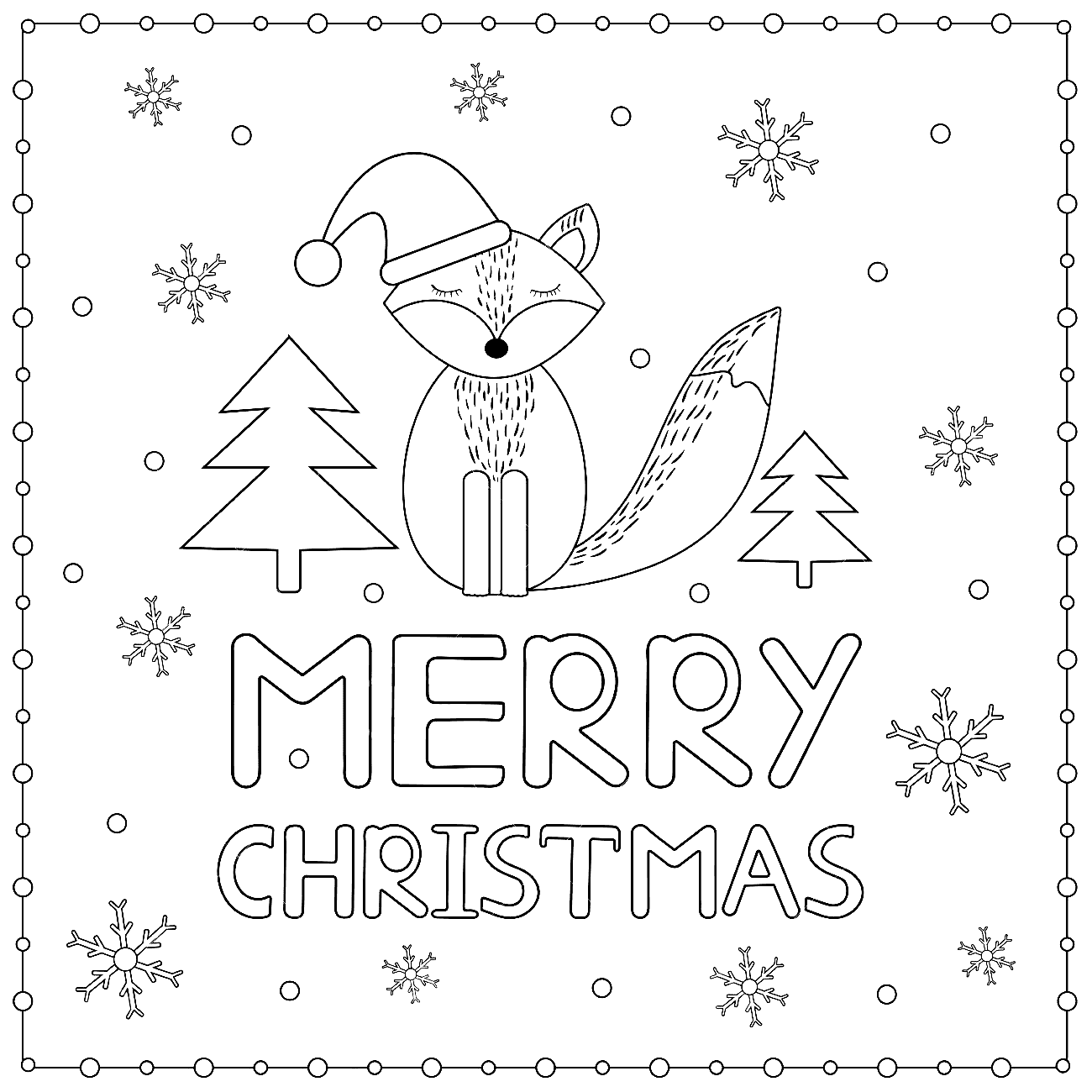 Merry Christmas Card With Snowflakes And Fox Coloring Page