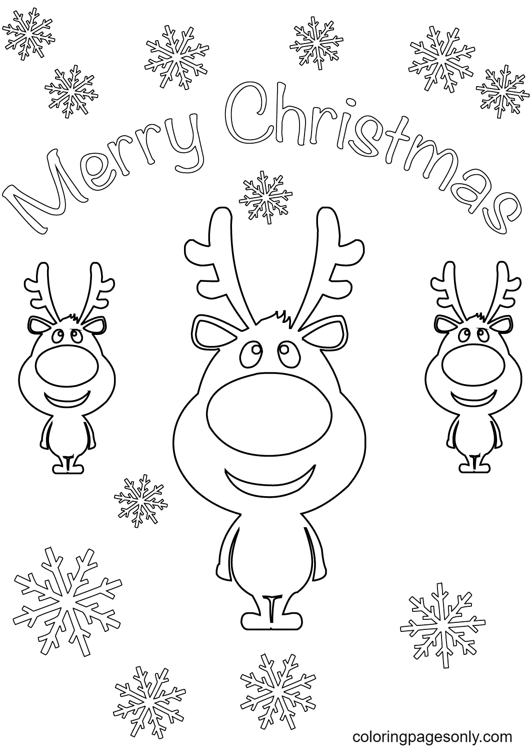 Merry Christmas Card with Cartoon Reindeers Coloring Page