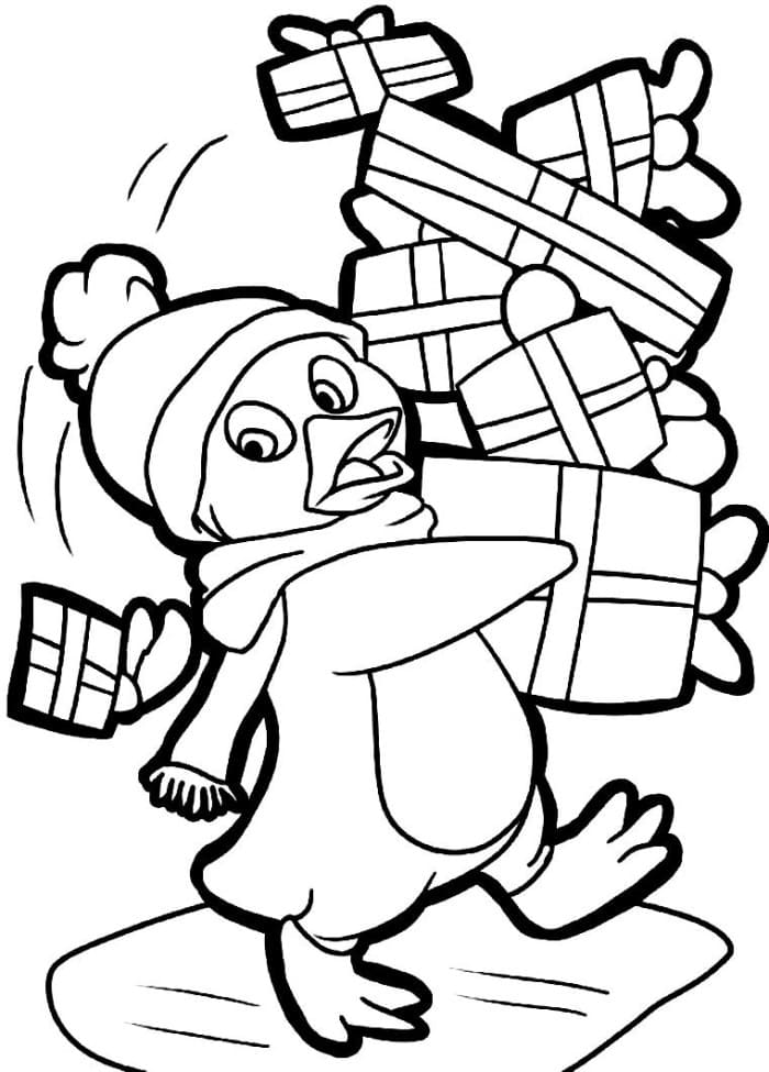 Penguin And Christmas Gifts For Kids Coloring Page