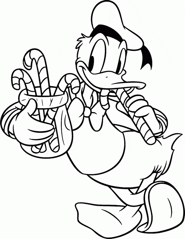 Printable Christmas Disney Donald Duck With Candy Canes Coloring Page