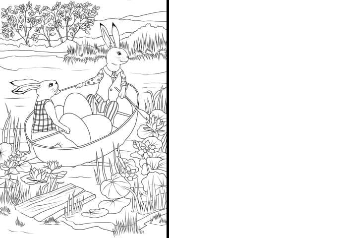 Rabbits In A Boat With Easter Eggs Card Image Coloring Page