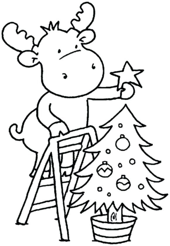 Reindeer Decorating Christmas Image For Kids Coloring Page