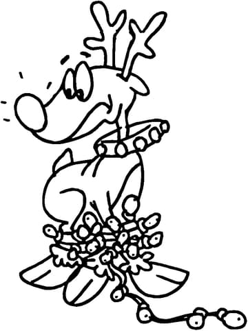 Reindeer Tangled In Christmas Lights Coloring Page